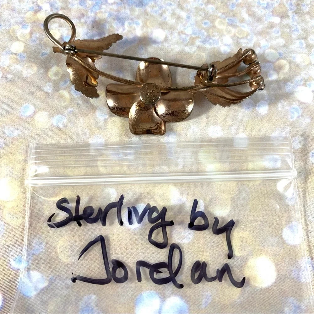 Vintage copper vermeil over sterling silver clover spray pin green rhinestones